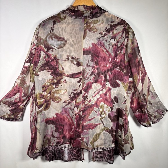 100% Silk Kimono Top Womens 20 Tie Ruffle Boho Artsy Sheer Lightweight Layering - Picture 2 of 9